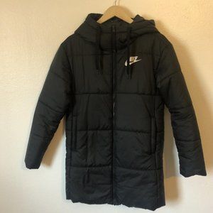 Nike Hooded Zip Front Puffer Trench Coat Black